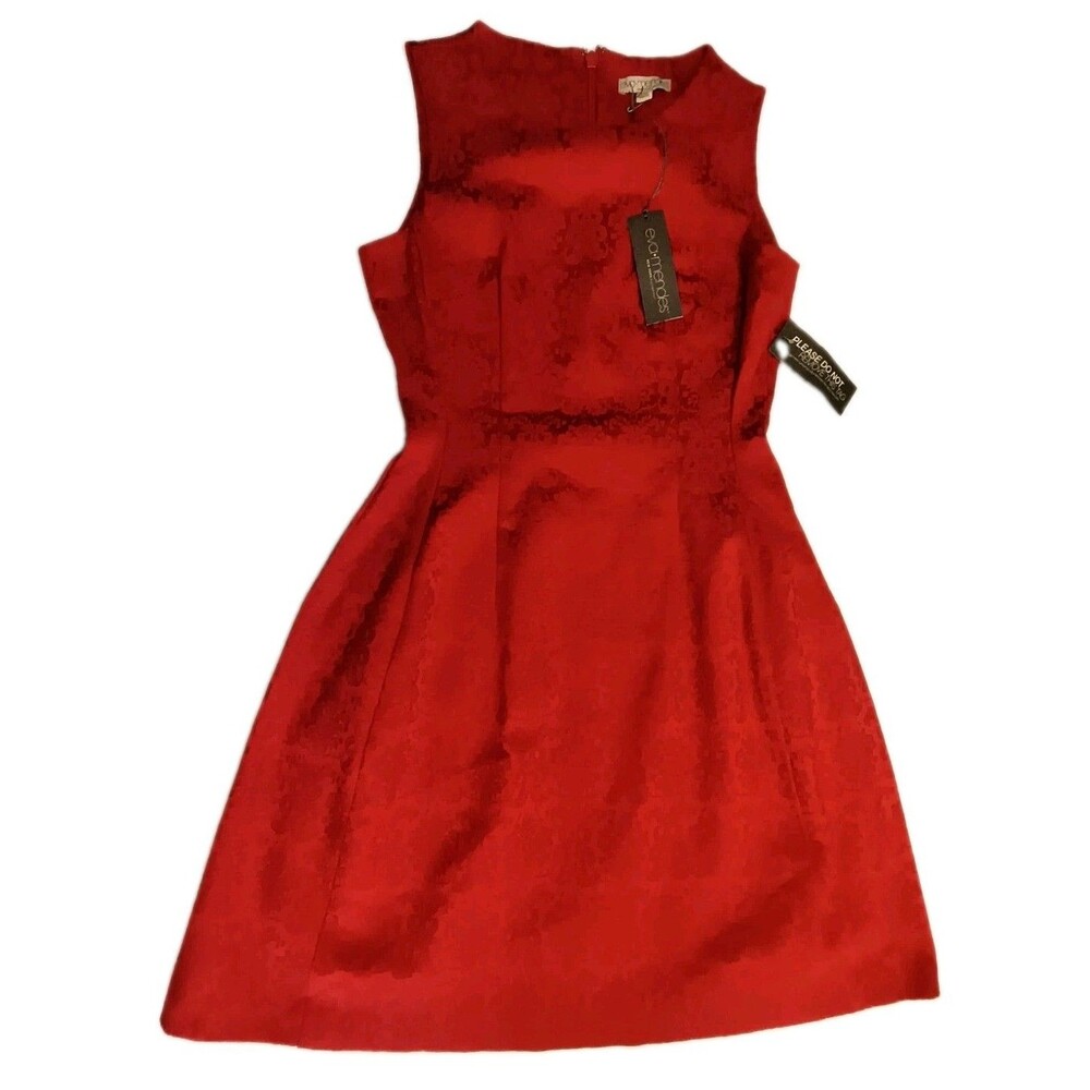 Eva Mendez Women Size 4 Dress Light Teal Brocade Fabric Fit A-Line Red